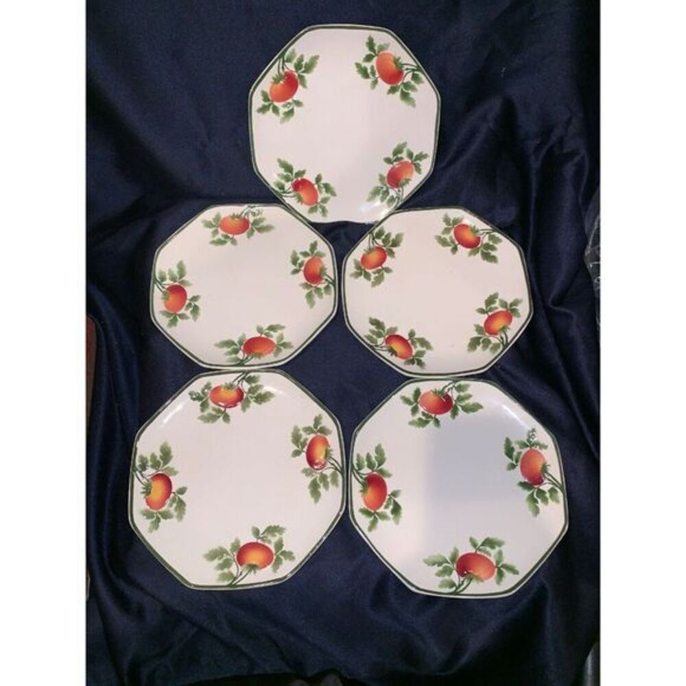 Vtg VILLEROY BOCH METTLACH Octagon Embossed Plates (5) Tomato Made In Germany